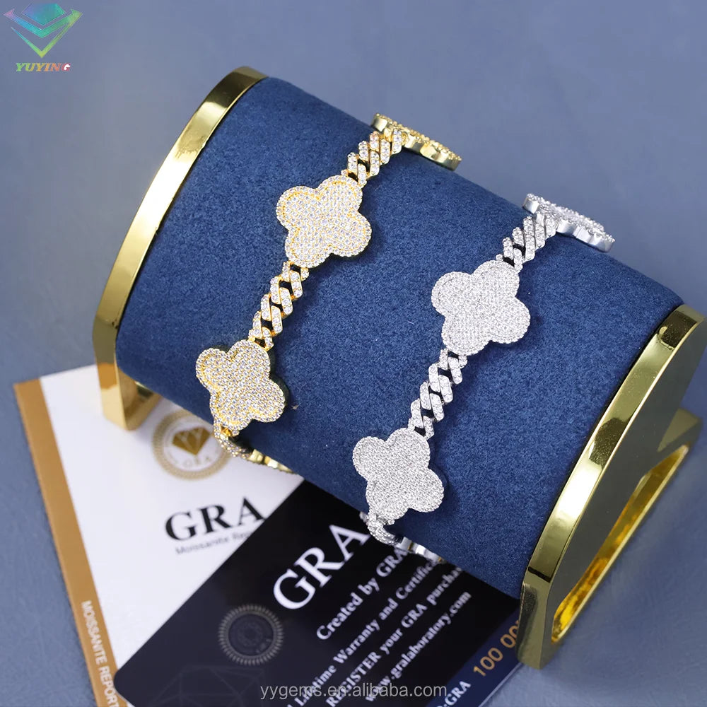 6mm Four-Leaf Clover Cuban Bracelet – Gold Plated, 925 Silver