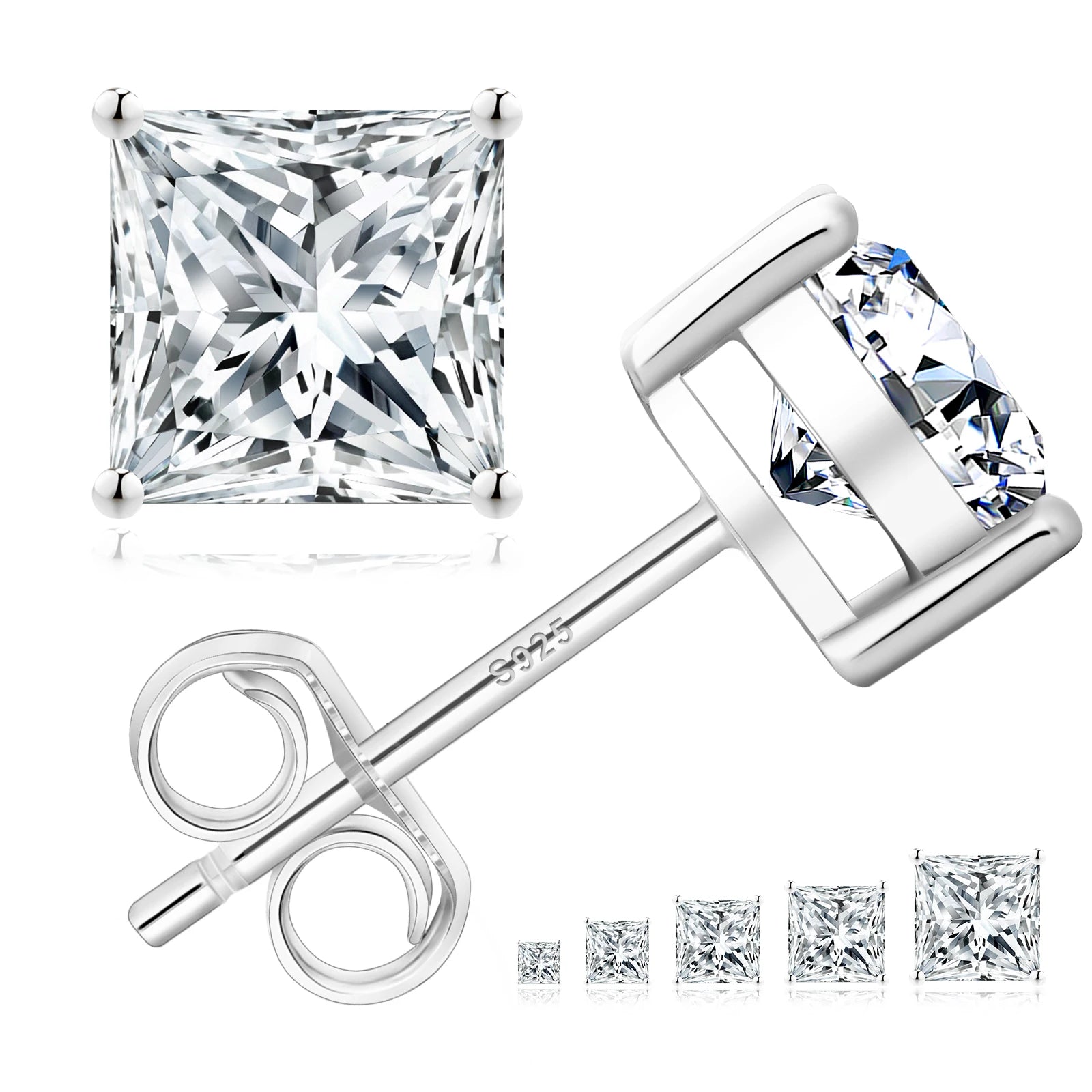 Princess Cut VVS1 Moissanite Stud Earrings – 14K White Gold, S925 Silver