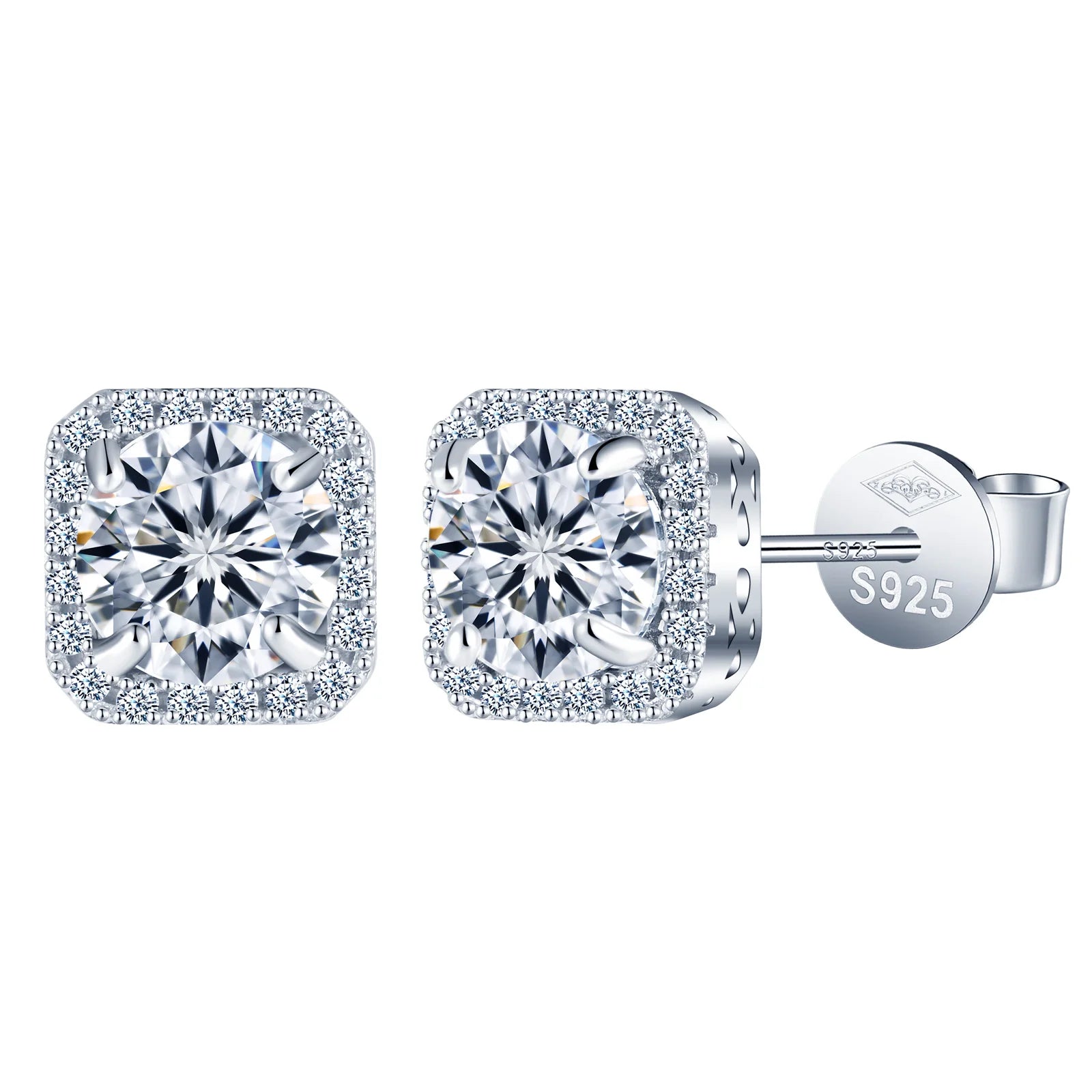VVS1 Moissanite Square Stud Earrings – 0.5–1ct, 925 Silver