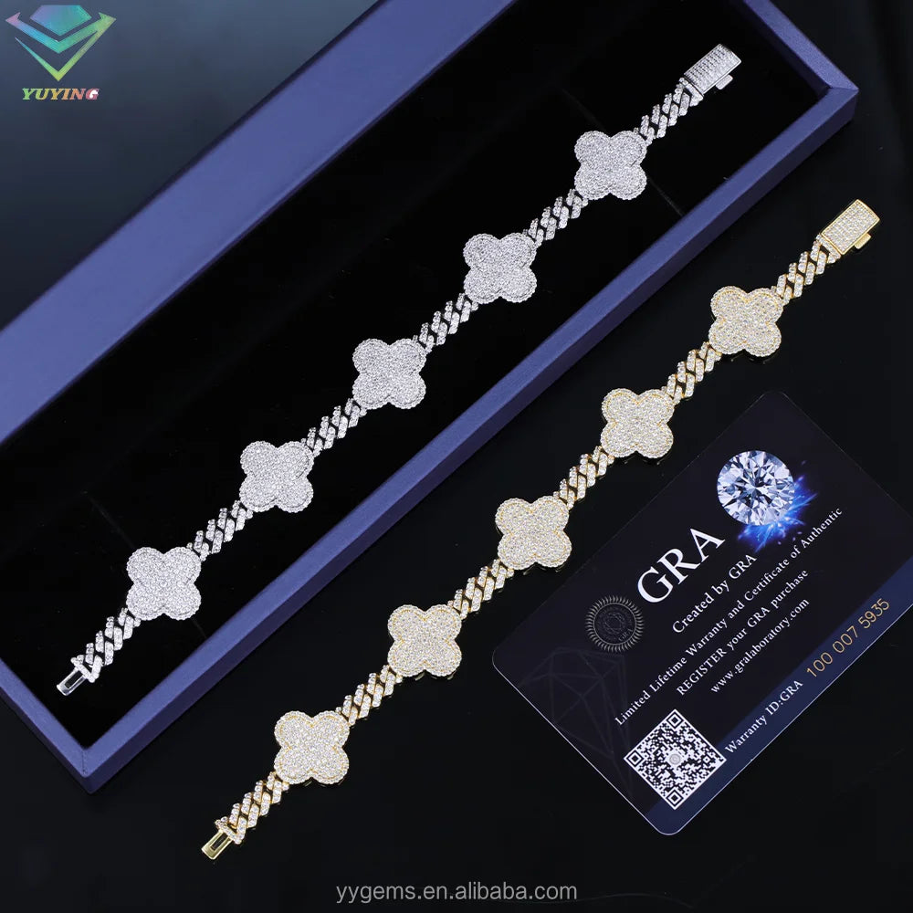 6mm Four-Leaf Clover Cuban Bracelet – Gold Plated, 925 Silver