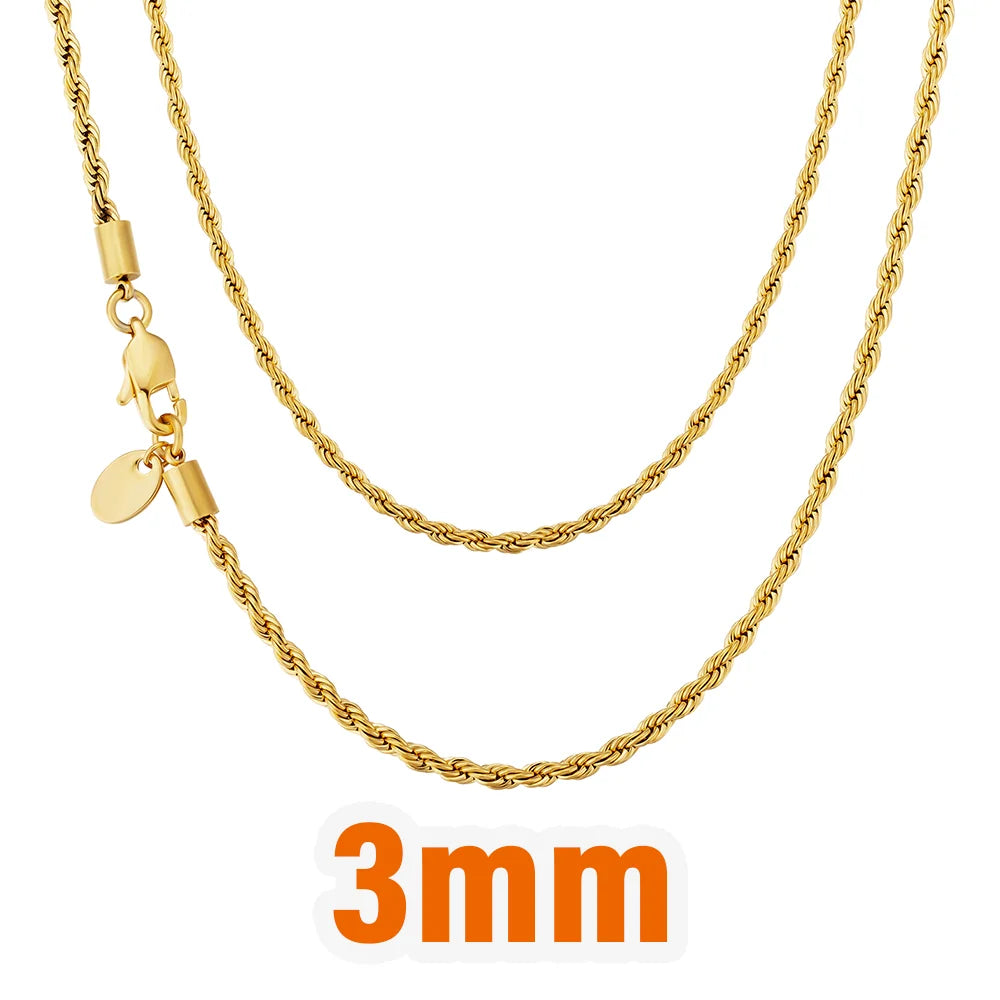 Twisted Rope Chain Necklace – 2.5–6mm, 18K Gold Plated