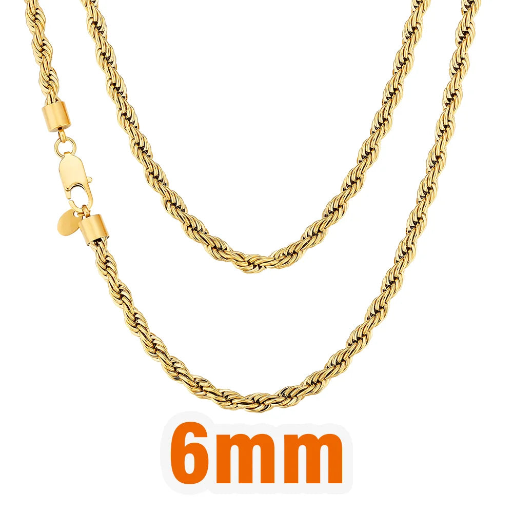 Twisted Rope Chain Necklace – 2.5–6mm, 18K Gold Plated
