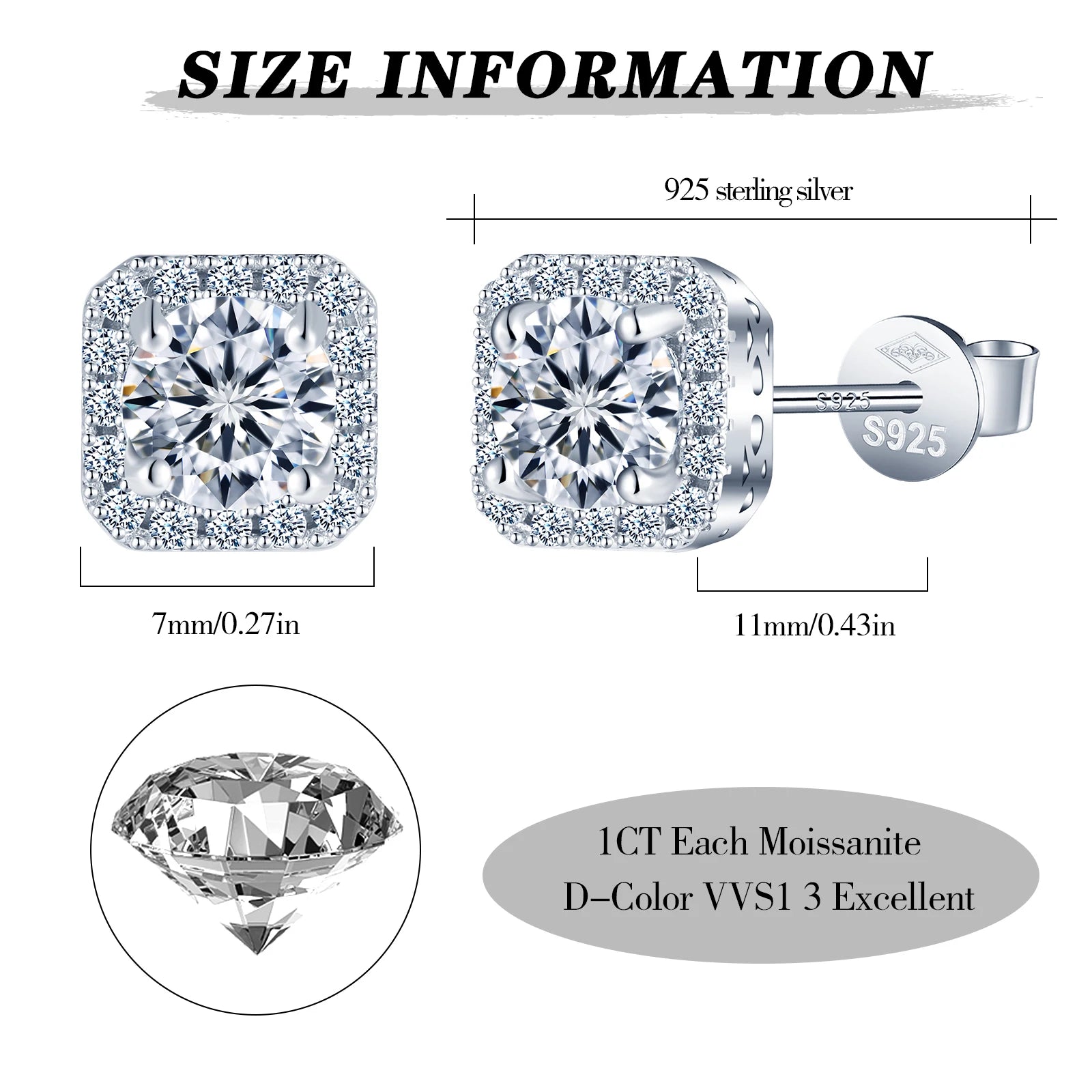 VVS1 Moissanite Square Stud Earrings – 0.5–1ct, 925 Silver