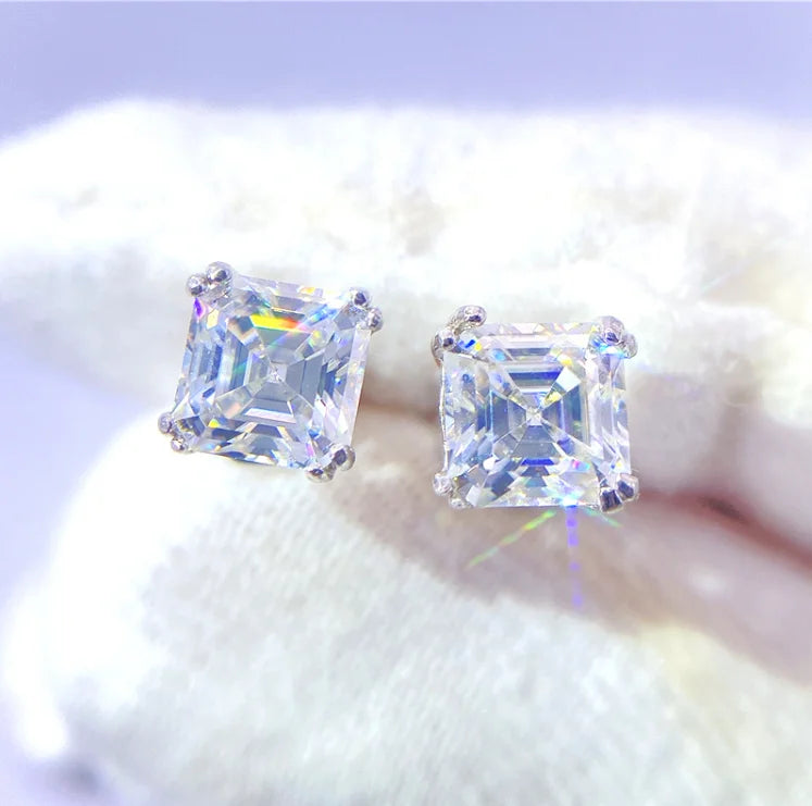 Asscher Cut VVS Moissanite Stud Earrings – S925 Silver