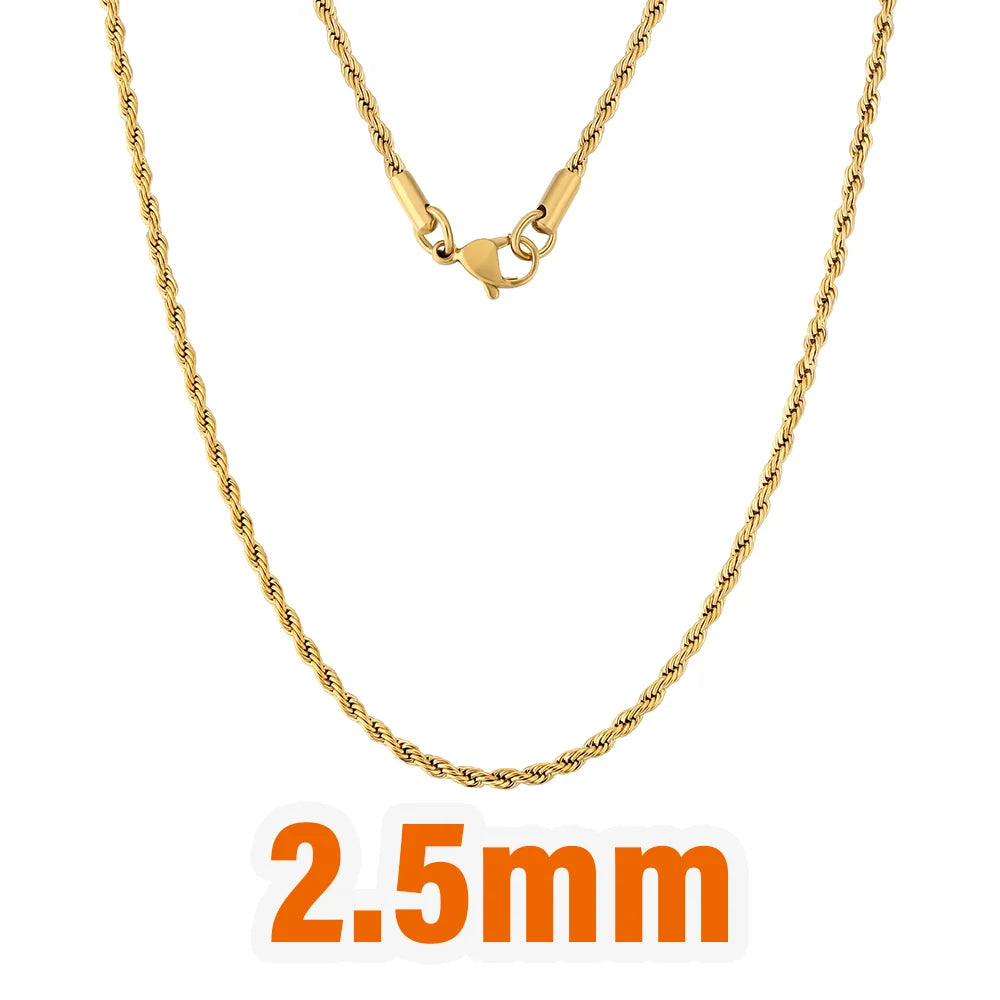 Twisted Rope Chain Necklace – 2.5–6mm, 18K Gold Plated