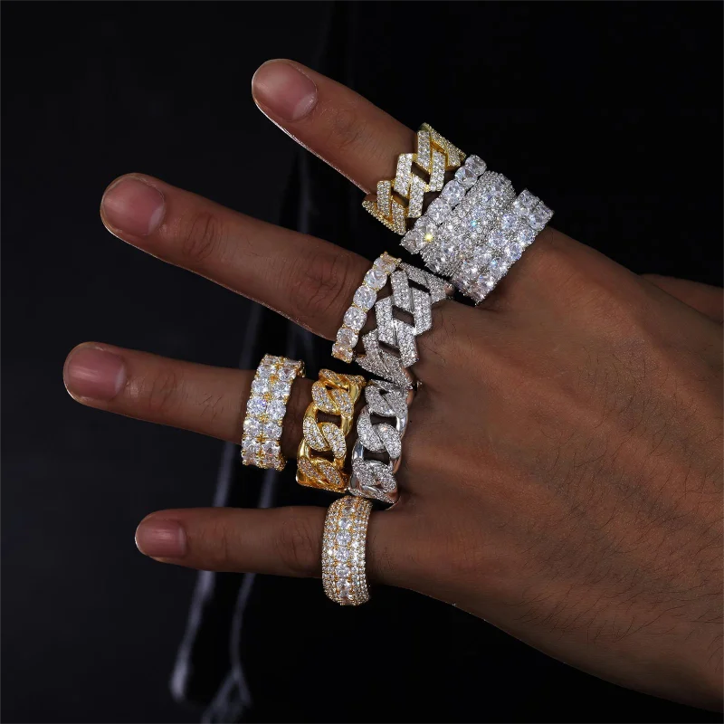 Iced Out VVS Moissanite Cuban Link Ring – 925 Silver, Gold Plated