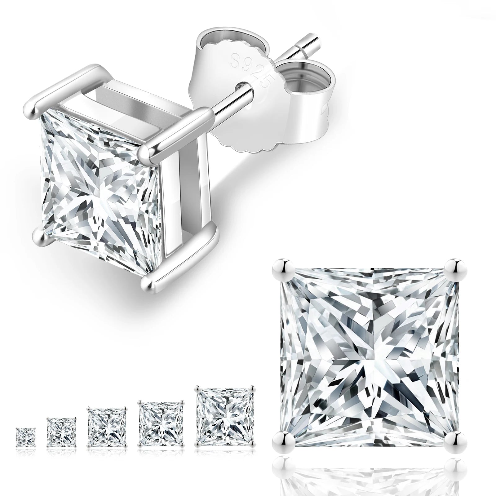 Princess Cut VVS1 Moissanite Stud Earrings – 14K White Gold, S925 Silver