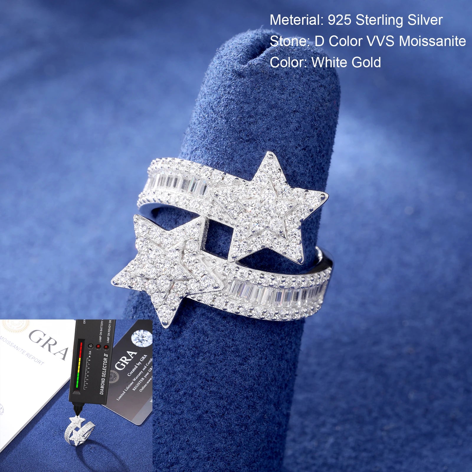 VVS Moissanite Star Ring – 925 Silver Baguette Design