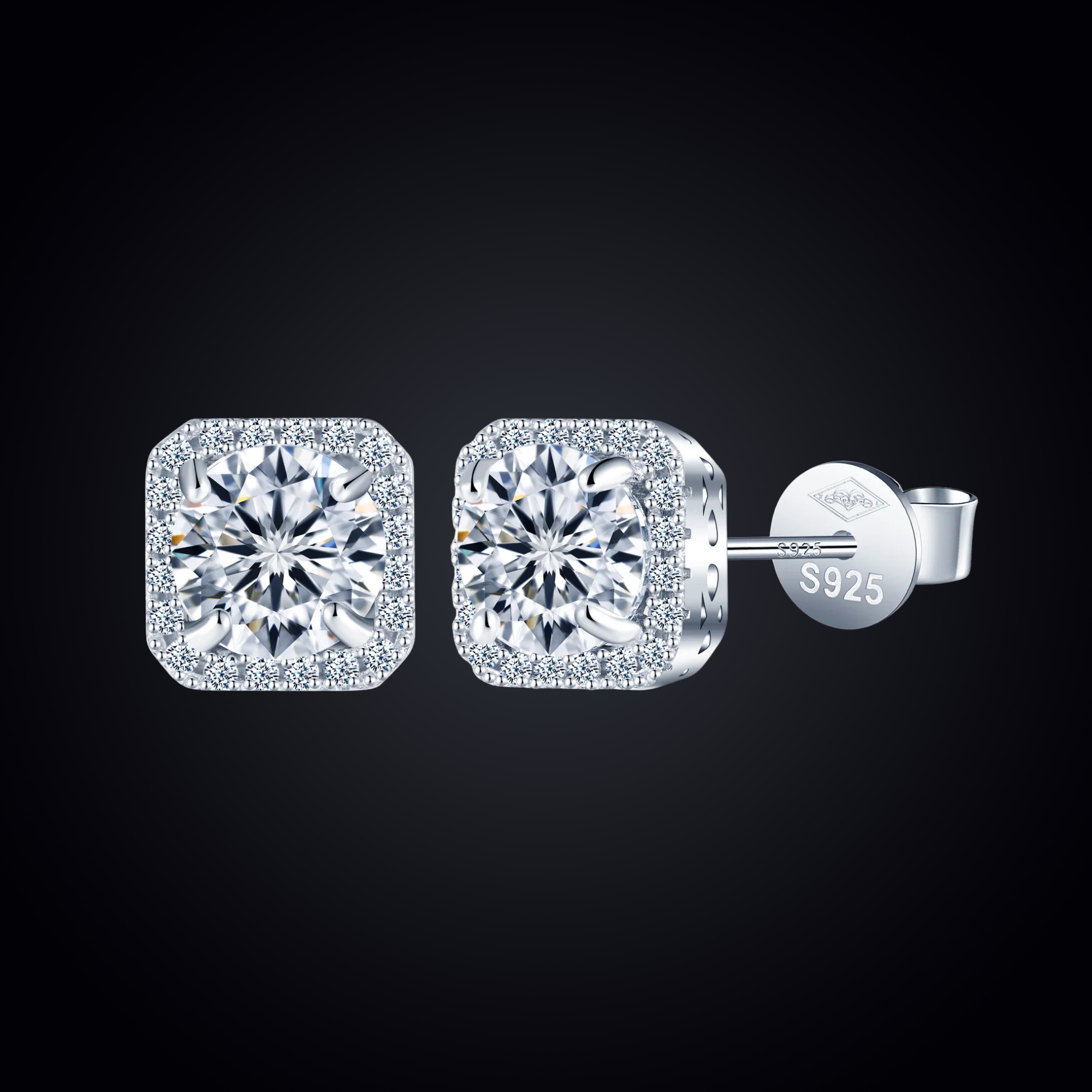 VVS1 Moissanite Square Stud Earrings – 0.5–1ct, 925 Silver